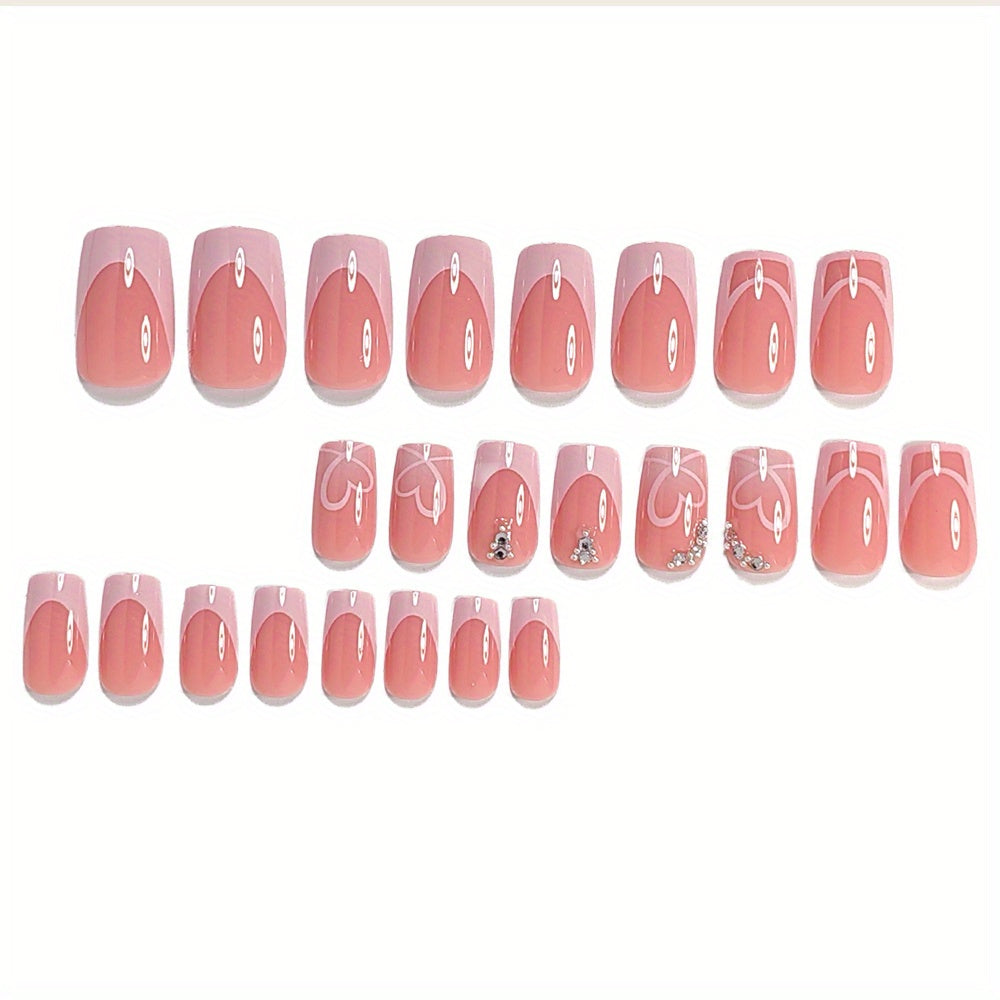 24pcs Valentine's Day Press-On Nails Set - Medium Square, Pink French Tip with 3D Rhinestone Hearts & White Gradient Design, Glossy Finish - Includes Jelly Adhesive & Nail File for Easy Application |bride nails |wedding